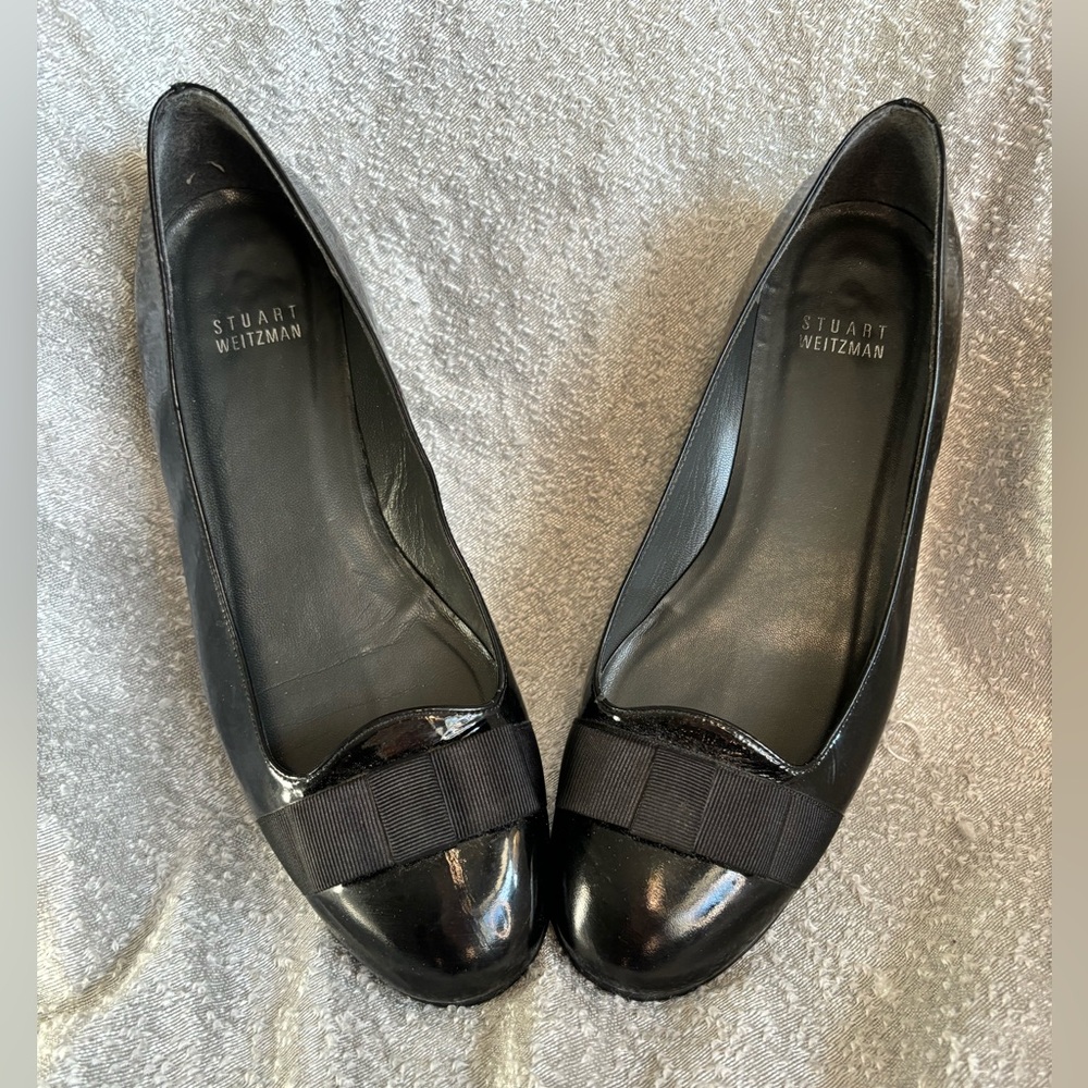 Stuart Weitzman Paten Leather Black Ballet Flats w/ Satin Bow Size 7.5